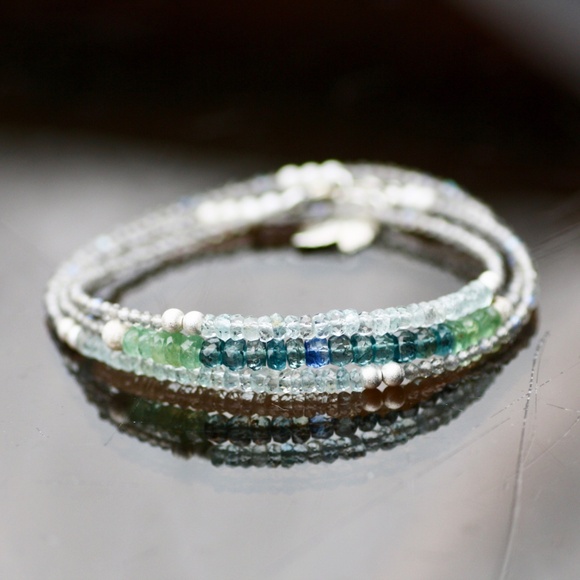 Natural Kyanite, Aquamarine Wrap Bracelet Convertible Necklace Sterling Silver - Picture 5 of 14